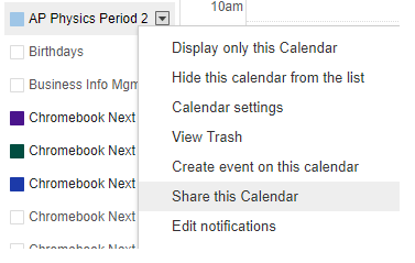 menu showing share this calendar  